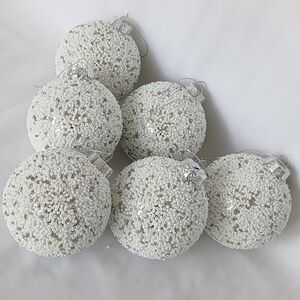 Set of 6 White & Silver Glass Beaded 3.15" Christmas Tree Ornaments